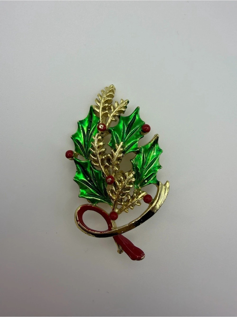 WEISS Enamel Holly Brooch in Green & Gold Like New